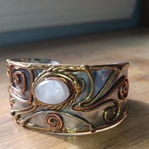 Handcrafted Multicolor Metal Cuff Bracelet with White Stone